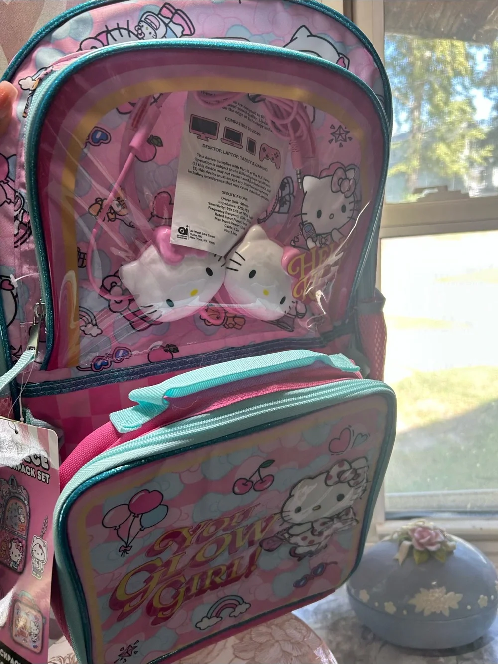 Hello Kitty Pink & Teal Kids Backpack with You Glow Girl Front Pocket